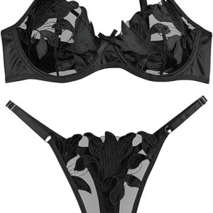 Lilosy Sexy Satin Mesh Floral Sheer Embroidered Underwire Lingerie Set 2 Piece Women
