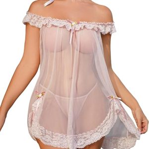 OYOANGLE Women's 2 Piece Mesh Sheer Floral Lace Babydoll Slip Dress Nightgowns and Thong Lingerie Set