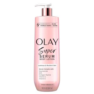 Olay Super Serum Hand & Body Lotion for Dry Skin, 24hr Long Lasting Hydration, 5+ Ingredient Serum Complex for Bright Even Firm Luminous Skin, Sweet Vanilla & Soft Wood Scent, 18.5 fl oz