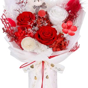 Preserved Flowers Bouquet with Bear, 3 Real Forever Flowers for Delivery, Long-Lasting Red Eteranl Roses Bouquet