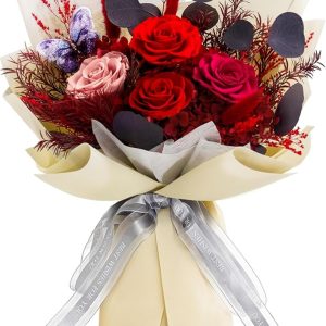 Preserved Flowers Roses Bouquet with Vases,Real Red Flowers for Delivery Prime, Forever Glitter Rose Bouquets Kit,Handmade Eternal Rosas Butterfly Gifts