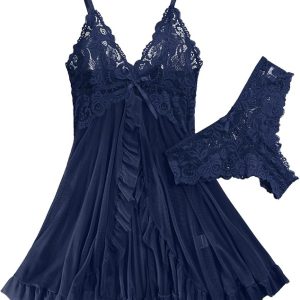 Sexy Open Front Ruffle Sheer Mesh Lace Wireless Babydoll Lingerie Dress with Thong 2 Piece