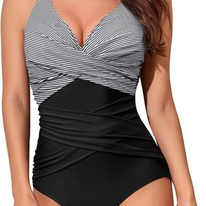 Smismivo Tummy Control Swimsuits for Women Slimming One Piece Bathing Suit Retro Ruched Push Up Vintage Padded Swimwear