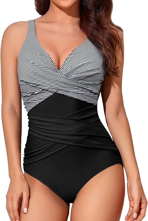 Smismivo Tummy Control Swimsuits for Women Slimming One Piece Bathing Suit Retro Ruched Push Up Vintage Padded Swimwear