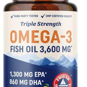 Triple Strength DHA Omega 3 Fish Oil 3600 mg | Over 2100mg Omega-3 Fatty Acids with 860mg of DHA | 1300mg EPA | Best Essential Fatty Acids | Premium Wild Caught & Burpless Fish Oil