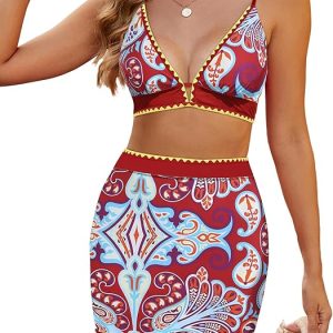 ZAFUL Women's High Waisted Bikini Sets Tummy Control Swim Skirt Color Block String Swimsuit Curvy Bathing Suits