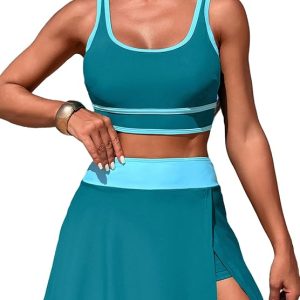 ZRTAK Women's High Waisted Bikini Sets Tummy Control Swim Skirt Two Piece Swim Suit Tummy Control Color Block Bathing Suit