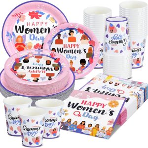 200 Pcs Women's Day Party Supplies Womens History Month Decorations International Womens Day Decoration Plate and Napkin Set Serve 50 Guest