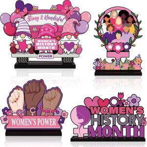 4 Pcs Women's History Month Table Decorations Signs Wooden Tabletop Centerpiece Holiday Wood Desktop Decor for Home Office National Women's Day Party Supplies