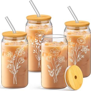 4 Set Floral Glass Cups with Bamboo Lids and Straws 16 oz Can Shaped Glass Coffee Cute Flower Drinking Cups for Iced Coffee Beer Soda Cocktail International Women Day Gifts