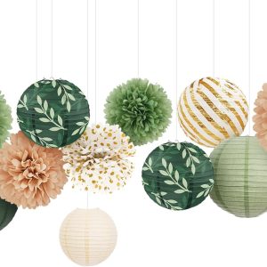 AOBKIAT Wedding Party Decorations Set,12PCS Olive Green Sage Paper Pom Poms Lanterns with Olive Leaf,for Engagement,Baby Shower,Bridal Shower,Boho Party