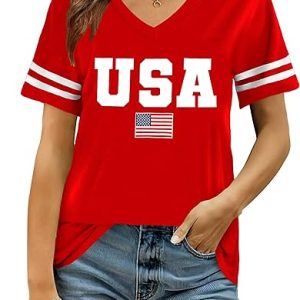 American Flag Shirts Women Patriotic Shirt 4th of July Tee Tops V-Neck Short Sleeve Summer T-Shirt