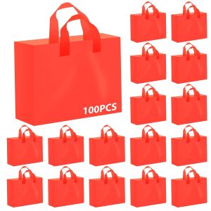 Amylove 100 Pcs Plastic International Womens Day Gift Bags with Handles Large Shopping Bags Bulk Frosted Tote Retail Bag for Small Business