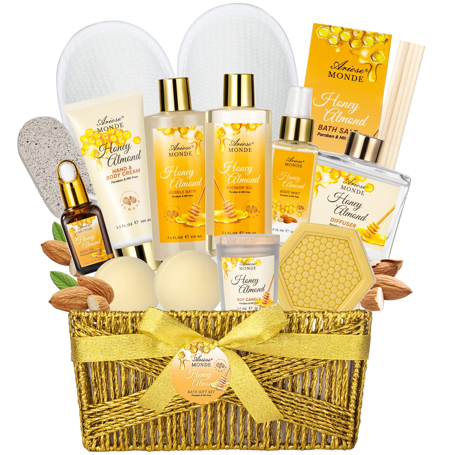 Bath & Body Gift Set, Luxury Home Spa Bath Gift Basket, Honey Almond Scented Bath Set, Pamper Gifts for Women & Teens Bath & Body Gift Set, Luxury Home Spa Bath Gift Basket, Honey Almond Scented Bath Set, Pamper Gifts for Women & Teens