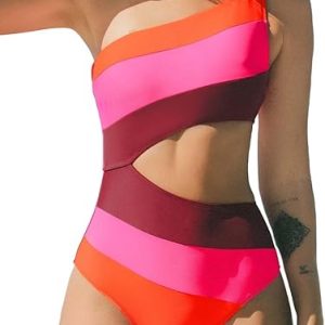 CUPSHE Women's One Piece Swimsuit One Shoulder Bathing Suit Cutout Color Block Swimwear