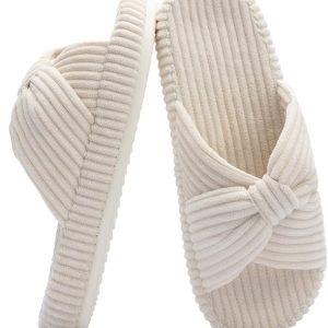 Chantomoo Slippers for Women Memory Foam House Bedroom Corduroy Bow Crossbands Slipper Shoes Comfy Trendy Gift Slippers