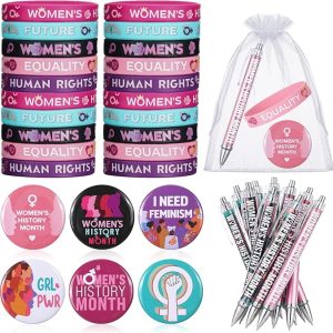 Cunno 200 Pcs Women's History Month Accessories Set Include Women Empowerment Feminist Silicone Bracelet Pens Pins Gift Bags for Campaign