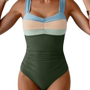 Eomenie Women Swimsuit Tummy Control Ruched One Piece Bathing Suit Color Block Square Neck Swim Suit with Adjustable Straps