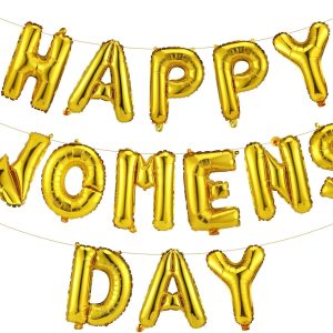 Happy Women's Day Balloons Banner Decorations Aluminum Foil 16 Inch Gold Foil Letter Balloons Feminist Party Decor for International Womens Day