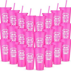 Inbagi 24 Pack Thank You Gifts Bulk You Are Awesome Cups 24 oz Pink Plastic Tumblers with Lids and Straw Inspirational International Women's Day Gift for Women