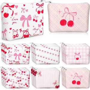 Kacctyen 18 Pcs Pink Cherry Bow Coquette Makeup Bag Cute Bow Canvas Cosmetic Bag International Womens Day Gifts