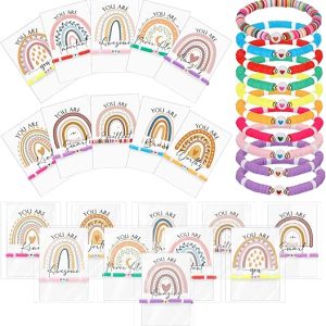 Landical 20 Sets International Women's Day Gifts Bulk Friendship Bracelets for Women and Inspirational Cards Motivational Heart Charm Bracelets for Staff