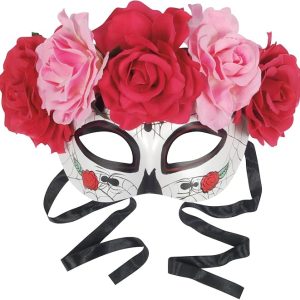 Loftus International Star Power Day of The Dead Sugar Skull Half Mask W Roses, White Multi, One-Size Novelty Item