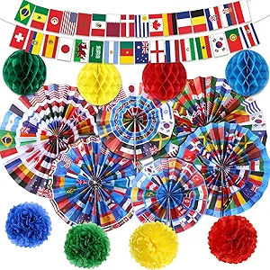 Pasimy 15 Pcs International World Flags Decorations Around The World Hanging Paper Fans Country Flags Banner Bunting Paper