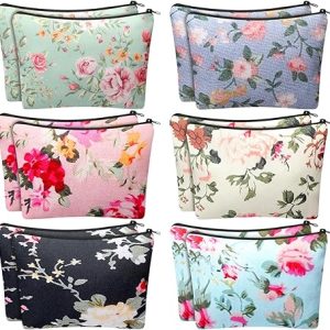 Sanwuta 12 Pcs Vintage Floral Cosmetic Bags Flower Canvas Makeup Bags Bulk Zipper Portable Botanical Floral Travel Toiletry Spring Birthday International Women's Day