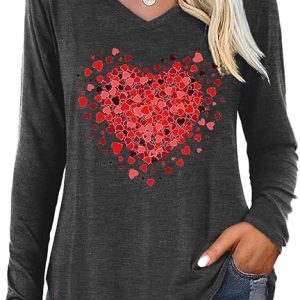 Valentine V Neck Shirt for Women Cute Love Heart Long Sleeve Casual Tee Tops