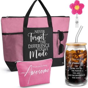 4 Pcs Thank You Gift Glass Cup Tote Bag Women History Month Makeup Bag Badge Reel Appreciation Gift for Employee Nurse