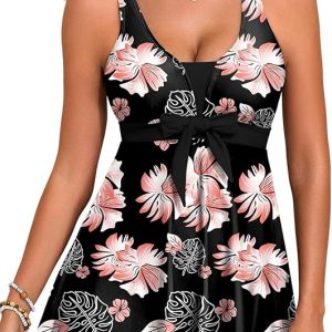 Aleumdr Women Printed Two Piece Tankini Swimsuits Tummy Control Swim Dress High Waisted Boyshort with Pockets