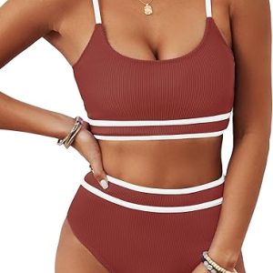 BMJL Women's High Waisted Bikini Ribbed Two Piece Swimsuit High Cut Color Block Adjustable Straps Bathing Suit