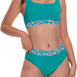 Beautikini Period Swimwear for Teens Two Piece Menstrual Leakproof Swimsuit Bikini Set Mid Waist Print Bathing Suit for Girls