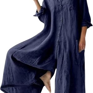 CHARTOU Women Linen Button Down Long Sleeve Wide Leg Jumpsuit Beach Palazzo Pants One Piece Jumpsuit