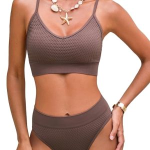 CUPSHE Women's Bikini Sets Two Piece Swimsuit Sporty Mid Rise Scoop Neck Adjustable Spaghetti Straps Textured Midkini
