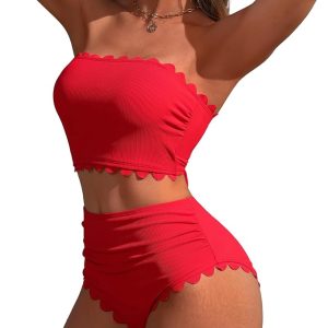 Charmo Strapless High Waisted Bikini Sets for Women Tummy Control Scallop Ribbed Bandeau Swimsuit Lace up Bathing Suits