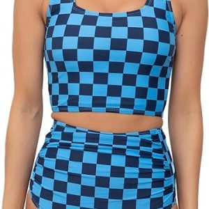 Coral Reef Swim Tankini Swimsuits - Square Neck Tankini Top & High Waisted Ruched Bikini Bottoms-Blue/Black (XXS-3XL)