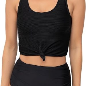 Coral Reef Swim Tankini Swimsuits for Women -Knotted Front Tankini Tops with Mid-High Ruched Swim Bottoms Tankinis - Black