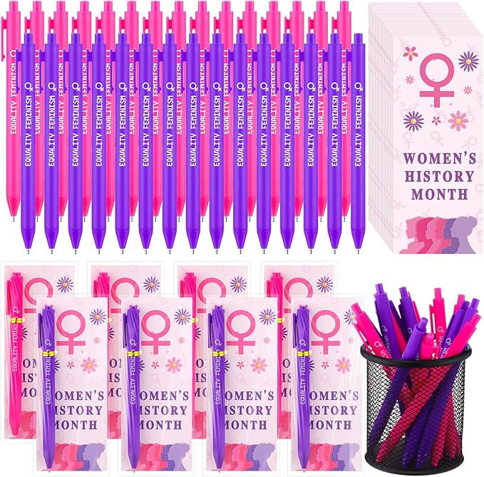 Crtiin 30 Sets Women's History Month Gifts Bulk Ballpoint Pens Inspirational Cards for March National Womens History Month Party Decorations Supplies International Women's Day Decorations