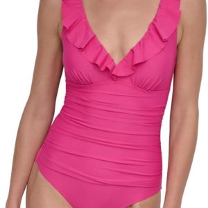 DKNY Women's Ruffle V-Neck One Piece Swimsuit with Tummy Control