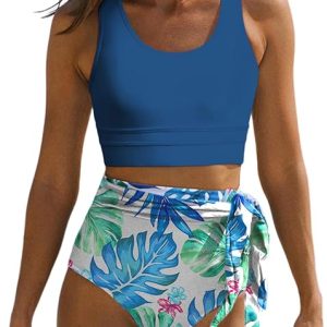 Dokotoo Womens 2 Piece Swimsuit Scoop Neck Sleeveless 2025 Racerback Top Tummy Control Tie Knot Bathing Suits Floral Bottoms
