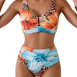 Eomenie Bikini Sets for Women High Waisted Two Piece Bathing Suit U Wired V Neck Swimsuit Adjustable Straps Swimwear