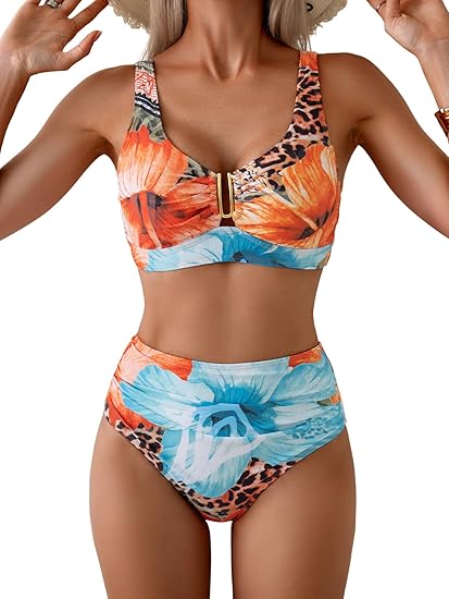 Eomenie Bikini Sets for Women High Waisted Two Piece Bathing Suit U Wired V Neck Swimsuit Adjustable Straps Swimwear Eomenie Bikini Sets for Women High Waisted Two Piece Bathing Suit U Wired V Neck Swimsuit Adjustable Straps Swimwear