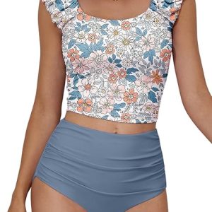 Eomenie Tankini Swimsuits for Women Ruched Tummy Control Bathing Suit Two Piece Swim Tank Top with High Waisted Bottom