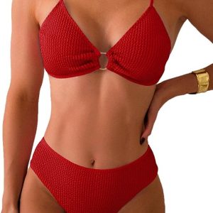 Fanuerg Women's Ribbed Triangle Bikini Sets O Ring Linked Two Piece Swimsuit Textured Cheeky Swim Bathing Suit