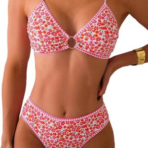 Fanuerg Women's Triangle Bikini Sets O Ring Linked Two Piece Swimsuits Floral Printed Cheeky Bathing Suit