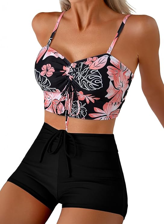 Herseas High Waisted Bikini Sets for Women Floral Print Two Piece Tummy Control Swimsuits Drawstring Short Bathing Suit Herseas High Waisted Bikini Sets for Women Floral Print Two Piece Tummy Control Swimsuits Drawstring Short Bathing Suit