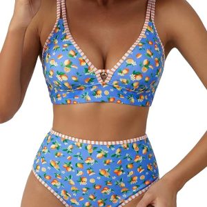 Herseas Women's 2 Piece Floral Print Bikini Sets V Neck Stitch Swimsuits High Waisted Bathing Suit Beach Summer Swimwear