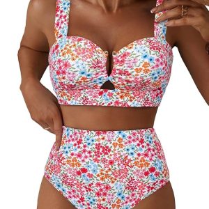 Herseas Women's 2 Piece U Wire Cutout Bikini Sets Floral Print High Waisted Swimsuit 2026 Summer Beach Swim Bathing Suit
